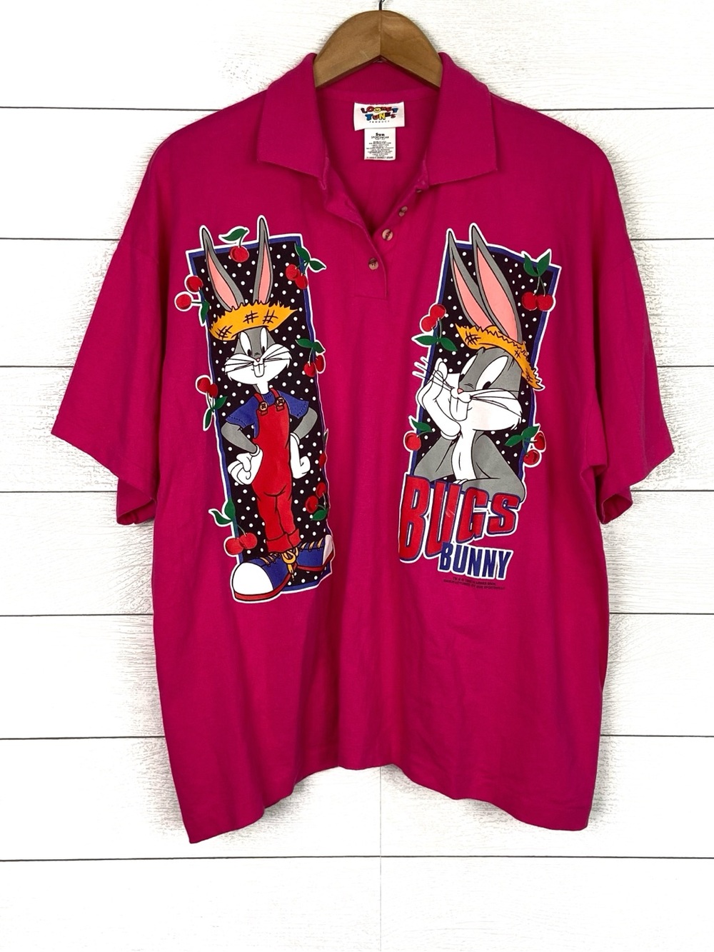 VINTAGE 1995 Bugs Bunny Pink Collared Polo Graphic Tee XL Looney Tunes